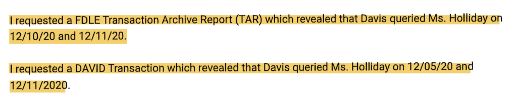 Screenshot from 101-page PDF investigation by BSAO into Deputy Steve Davis, who is still employed at the Broward Sheriff's Office.